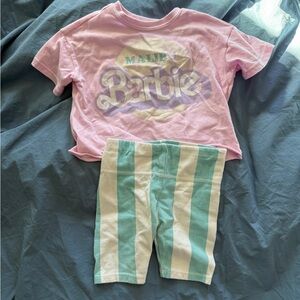 Barbie Kids Set - Pink Shirt and Green striped biker shorts